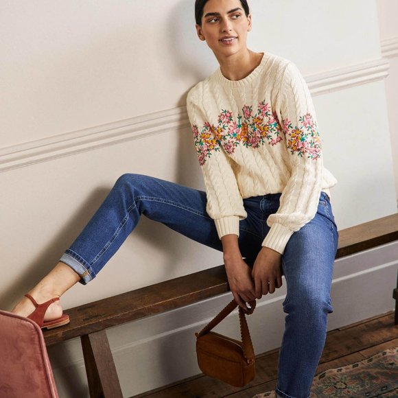 Boden sweater Ivory Embroidered Cable Knit Cotton Jumper 4 S SM Small - Picture 4 of 13